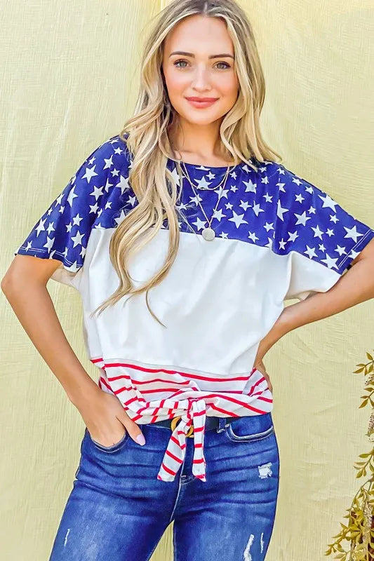 And The Why American Flag Print Tie Knot Front Casual Top - NeoKira Unlimited