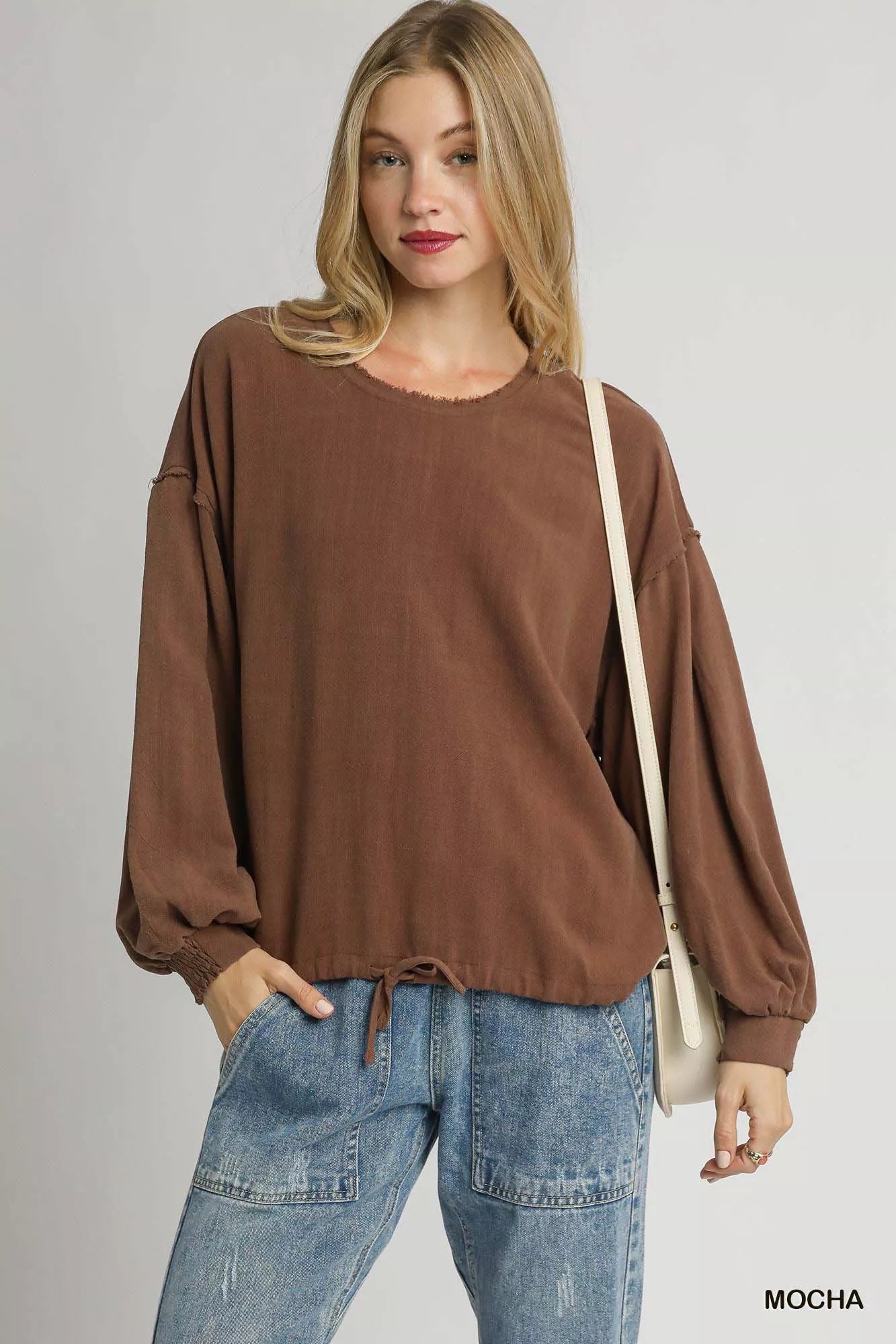 Umgee Natural Minimalist Linen Long Sleeve Top with Drawstring - NeoKira Unlimited
