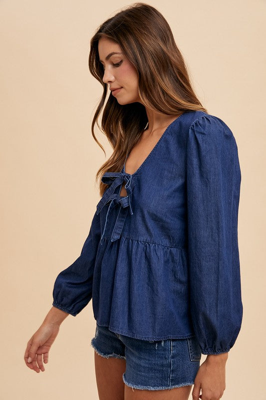 Annie Wear Tie Front Peplum Long Sleeve Denim Top - NeoKira Unlimited