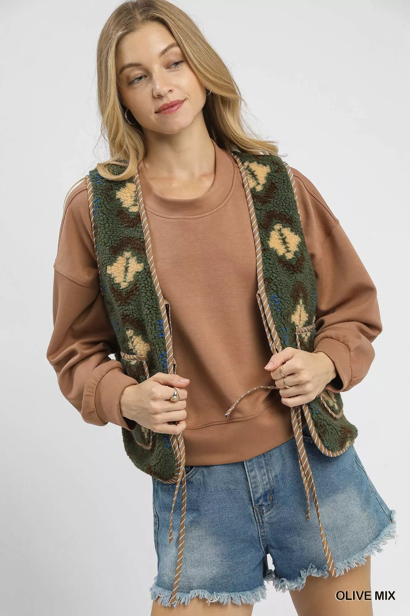 Umgee Mix Patterned Sherpa Tie-Front Vest Boho Western Style - NeoKira Unlimited