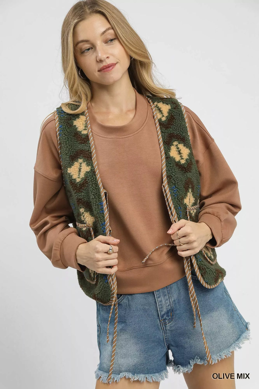 Umgee Mix Patterned Sherpa Tie-Front Vest Boho Western Style - NeoKira Unlimited