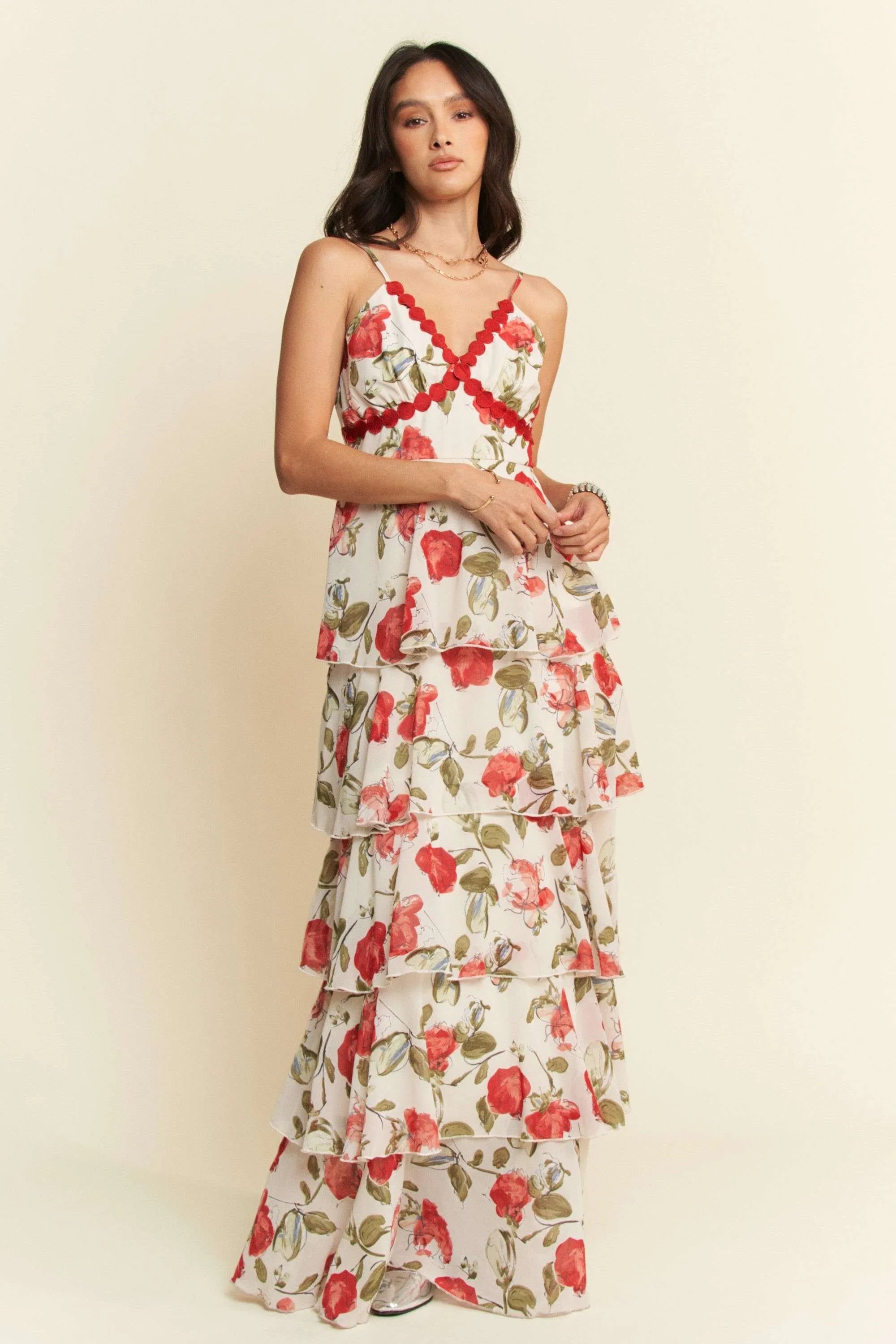 Davi & Dani Contrast Ring Lace Layered Ruffle Maxi Dress - NeoKira Unlimited