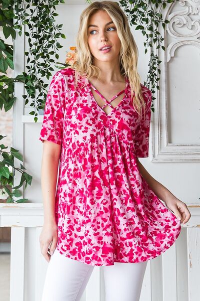 Heimish Full Size Short Sleeve Crisscross Animal Babydoll Top Plus Size - NeoKira Unlimited