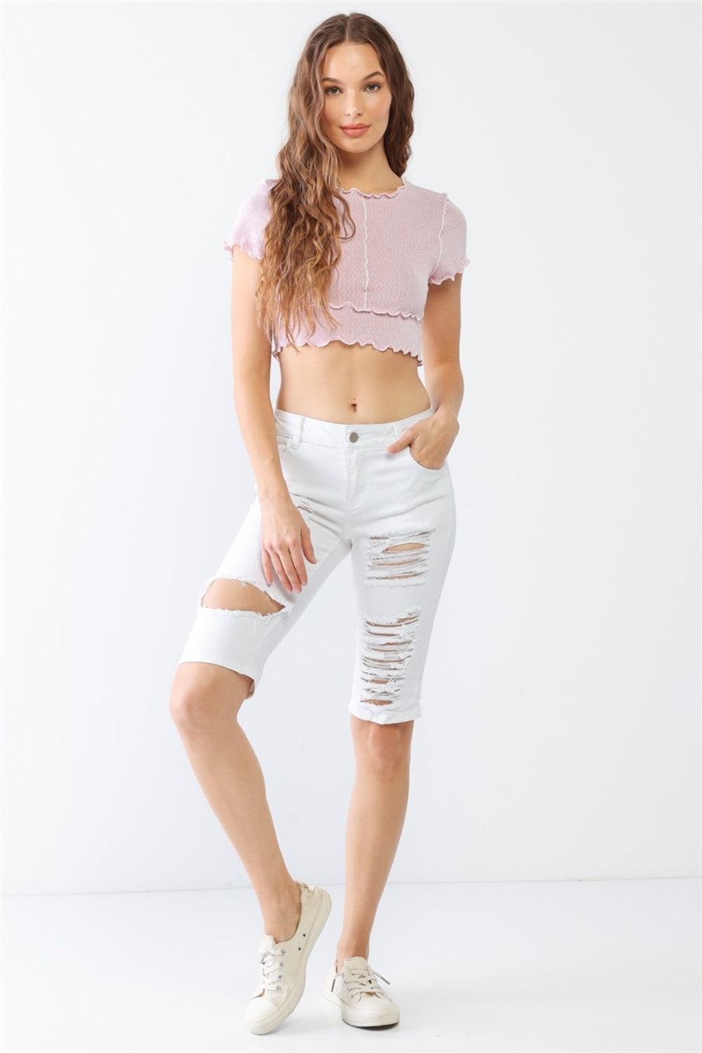 LITZ LA Distressed Bermuda Denim Shorts Denim Shorts Trendsi   