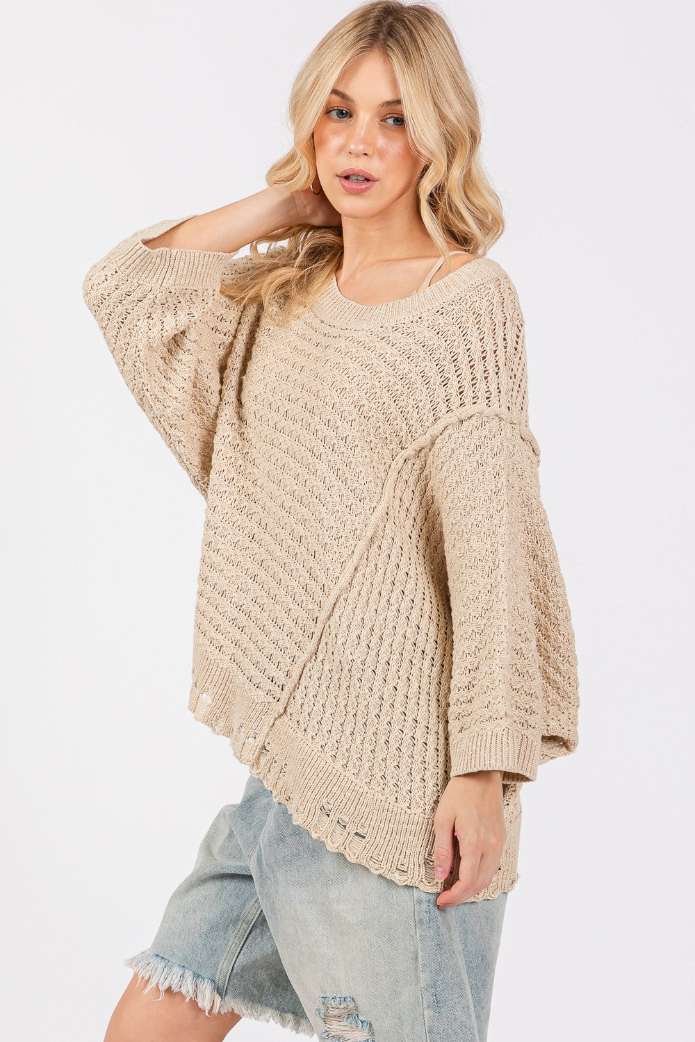 SAGE + FIG Distressed Asymmetrical Open Stitch Sweater - NeoKira Unlimited