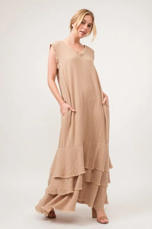 And The Why Washed Cotton Gauze Fringe Detail Tiered Dress - NeoKira Unlimited