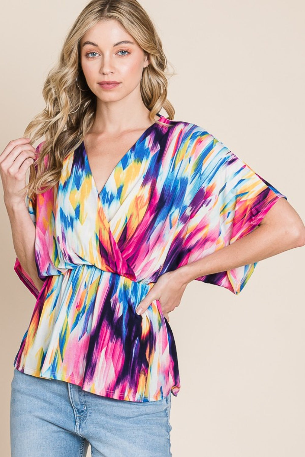 BOMBOM Printed Surplice Peplum Blouse Blouse Trendsi   