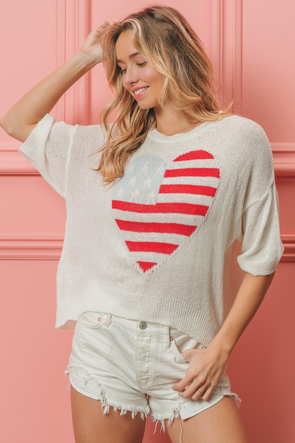 BiBi Striped Heart Contrast Knit Top - NeoKira Unlimited