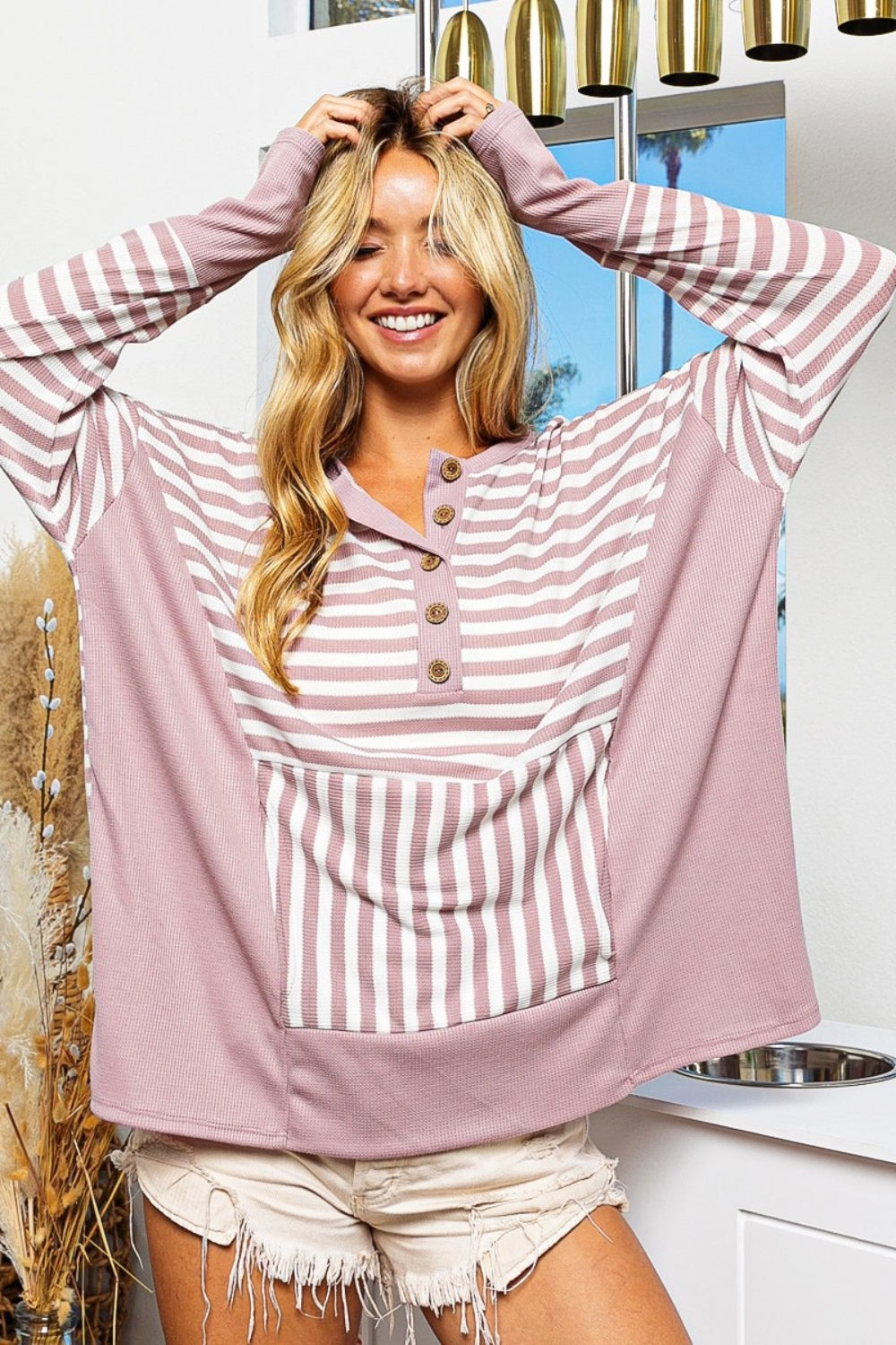 BiBi Striped Thumbhole Long Sleeve Top Top Trendsi Mauve S 