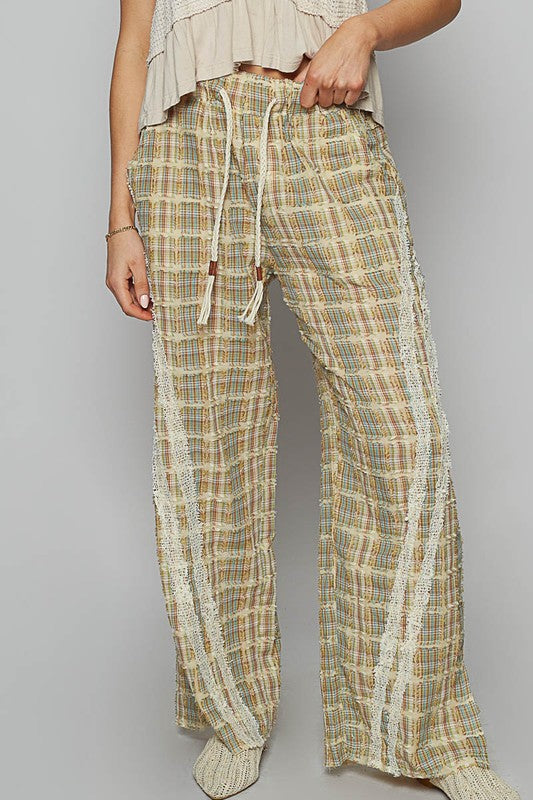 POL Lace Trim Drawstring Checkered Wide Leg Pants - NeoKira Unlimited