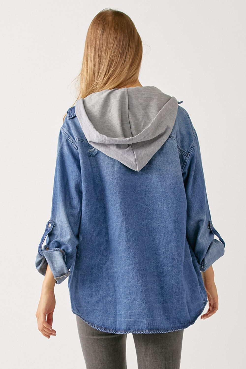 RISEN Zip Up Hooded Denim Shirt Hoodie Trendsi   