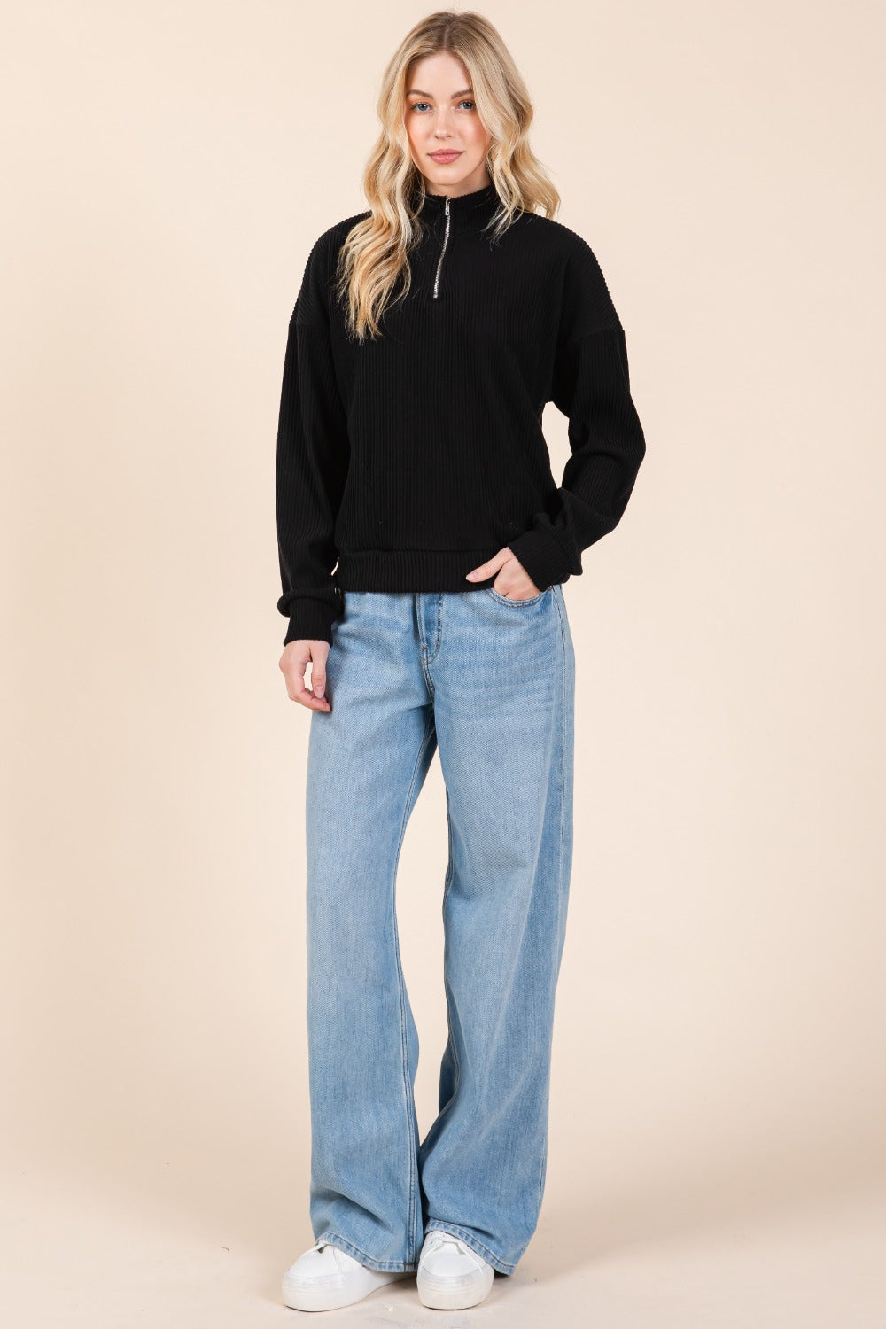 BOMBOM Quarter Zip Long Sleeve Sweatshirt with Pockets - NeoKira Unlimited