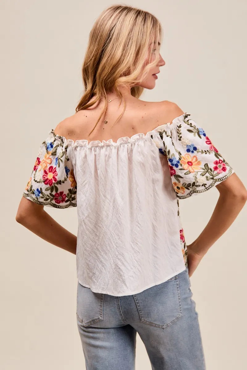SO ME Floral Embroidered Off Shoulder Blouse With Ruffle Detail – Boho Chic - NeoKira Unlimited