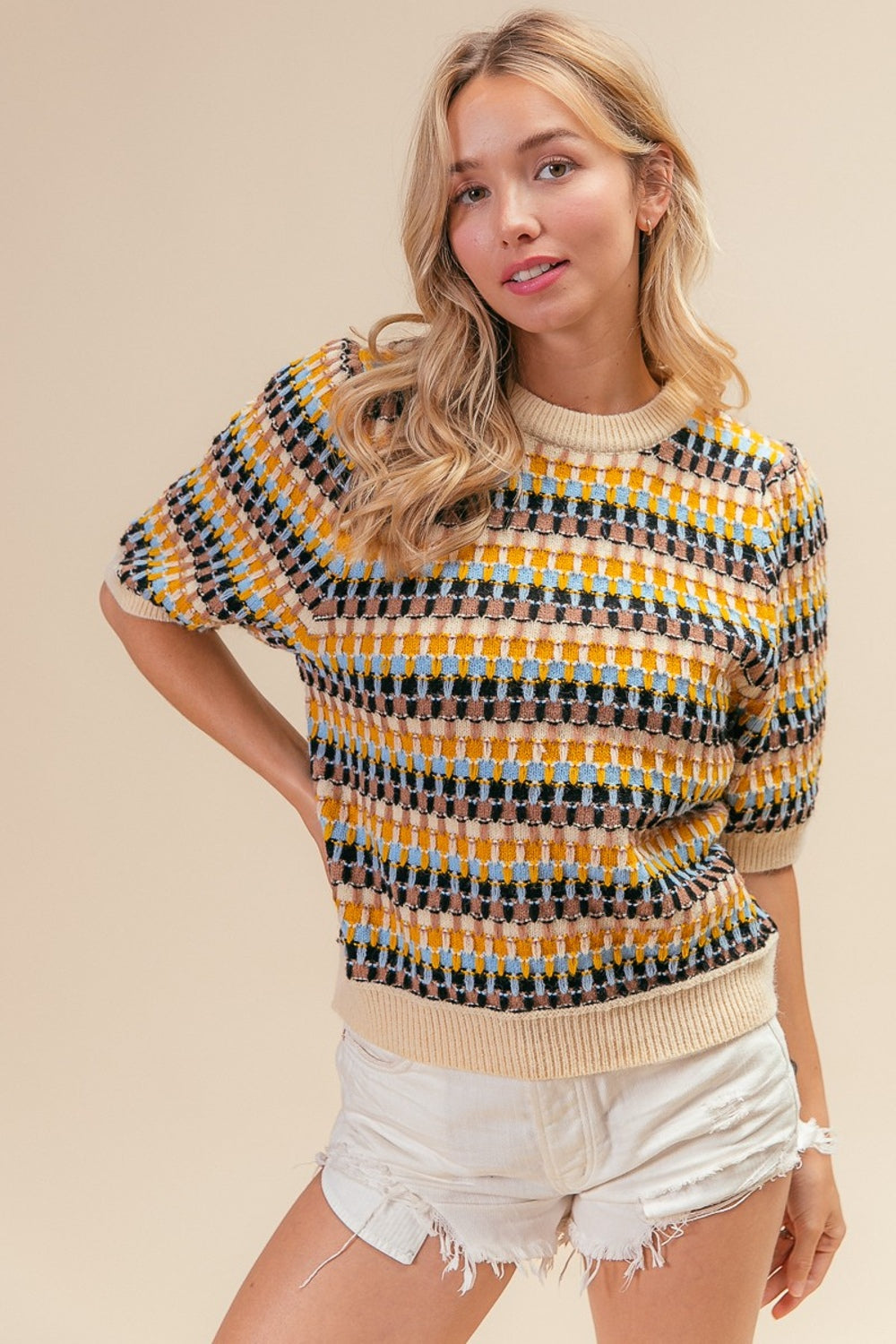 BiBi Multi Color Half Sleeve Sweater Sweater Trendsi   