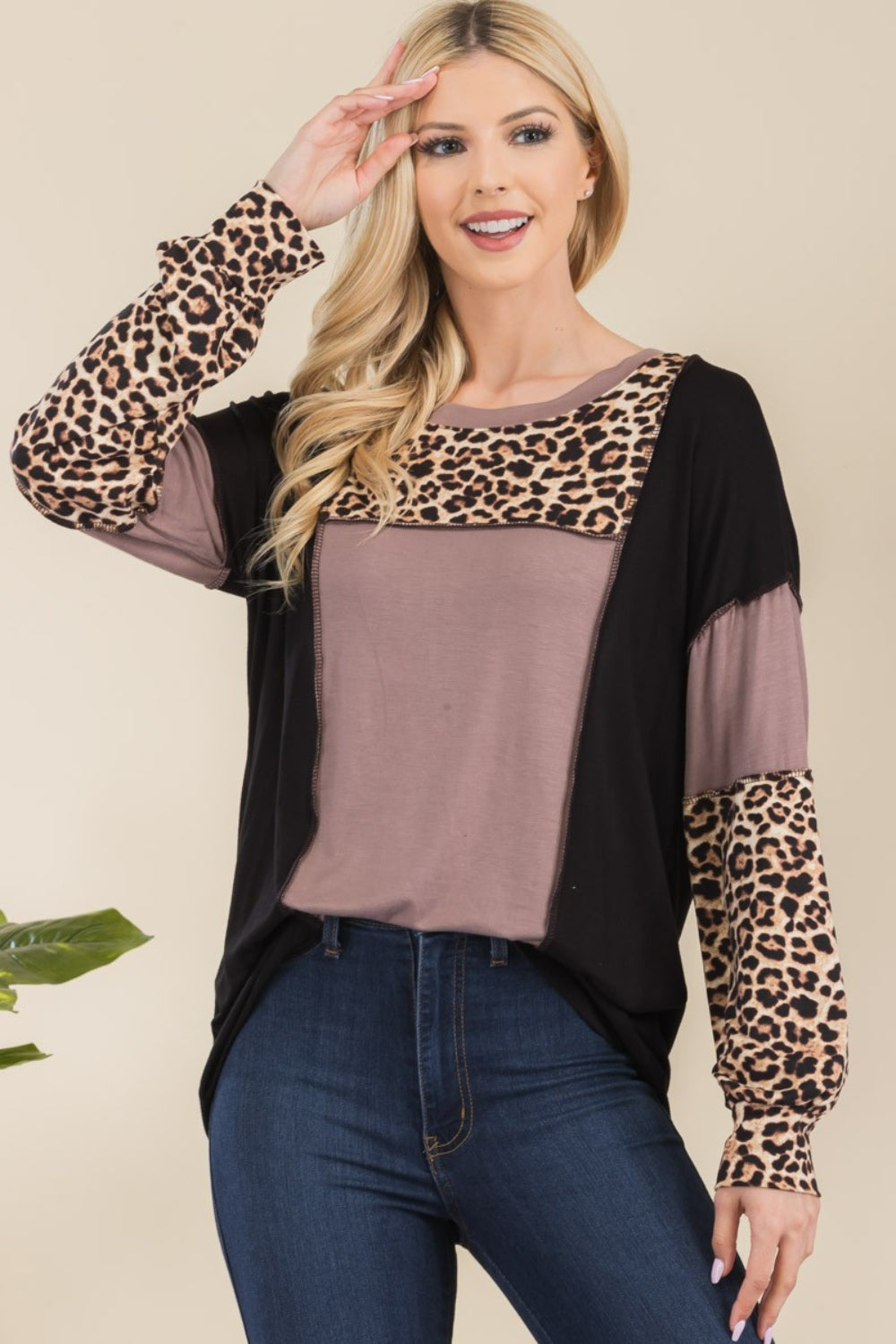 Celeste Full Size Leopard Color Block Exposed Seam T-Shirt T-Shirt Trendsi   