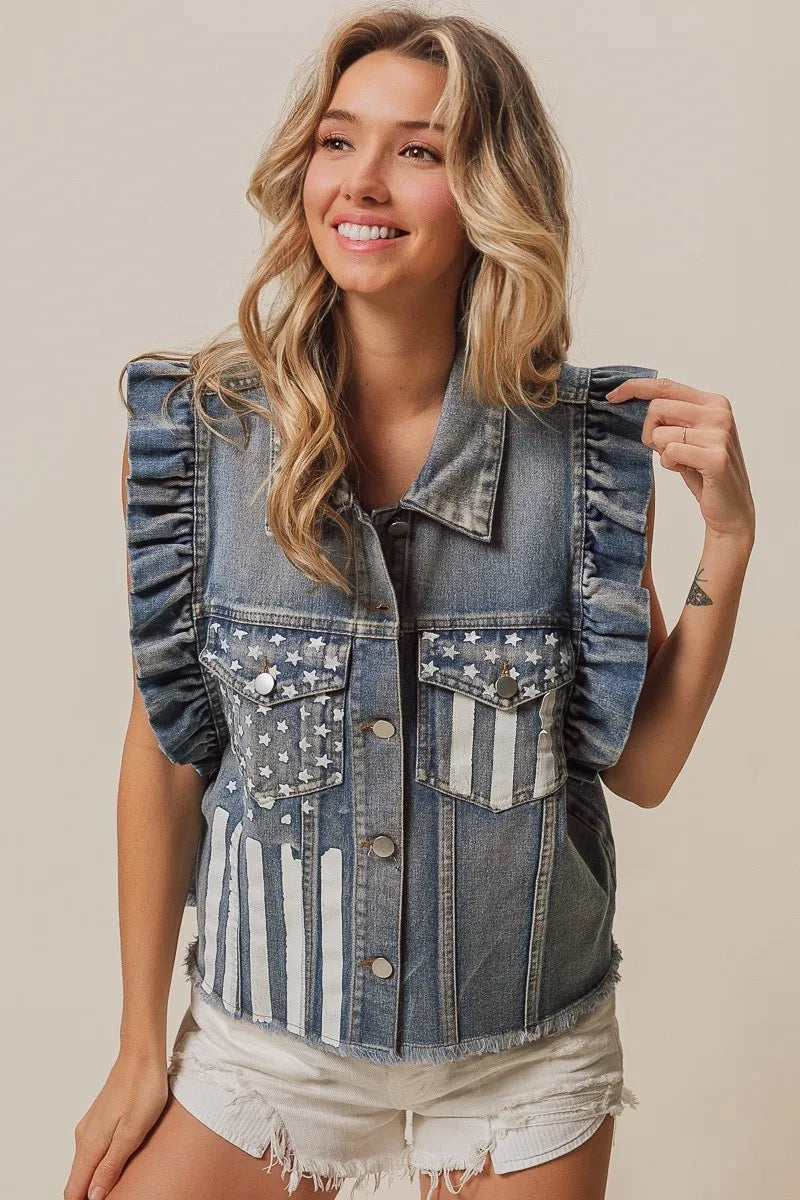 BiBi American Flag Washed Denim Jacket - NeoKira Unlimited