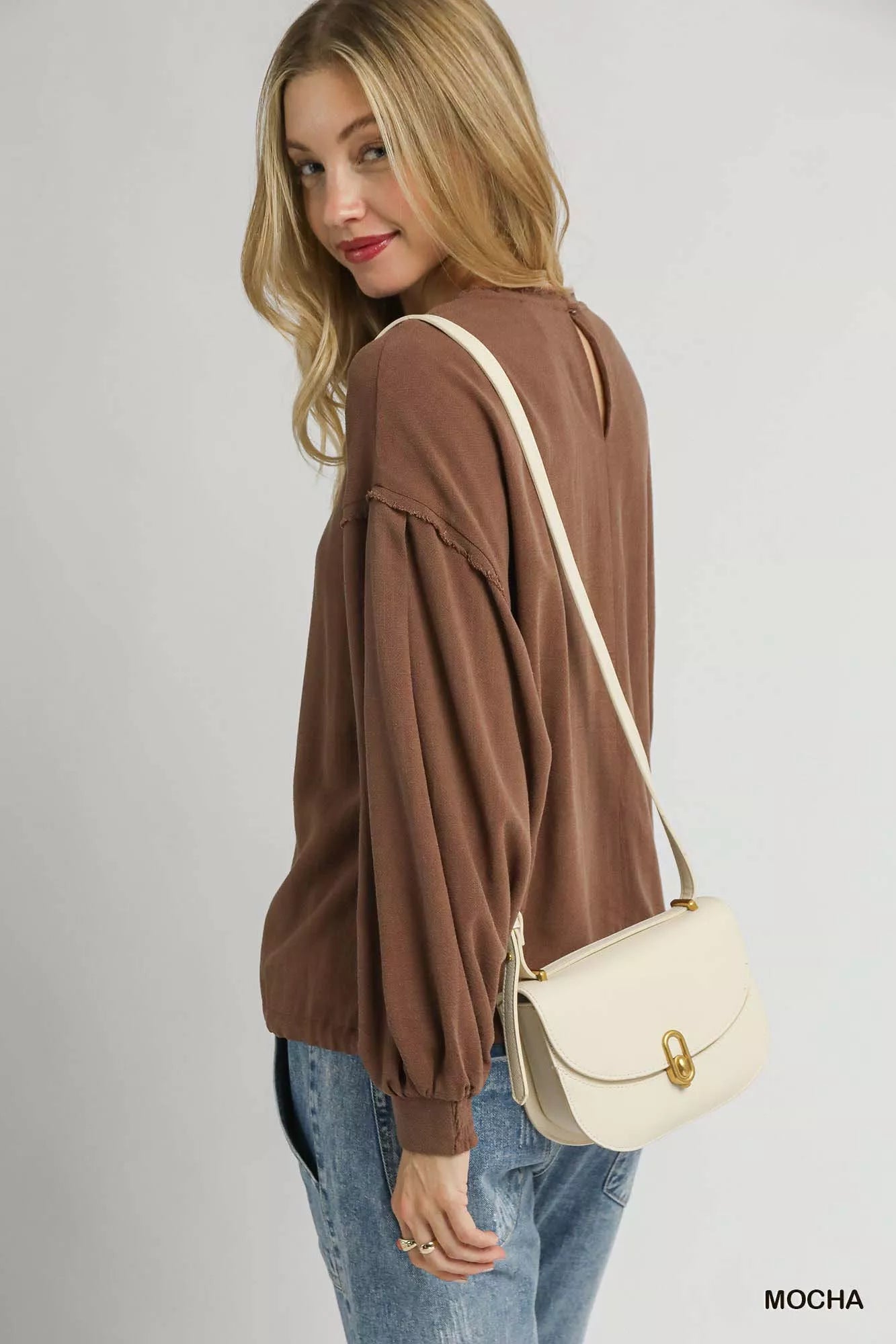 Umgee Natural Minimalist Linen Long Sleeve Top with Drawstring - NeoKira Unlimited