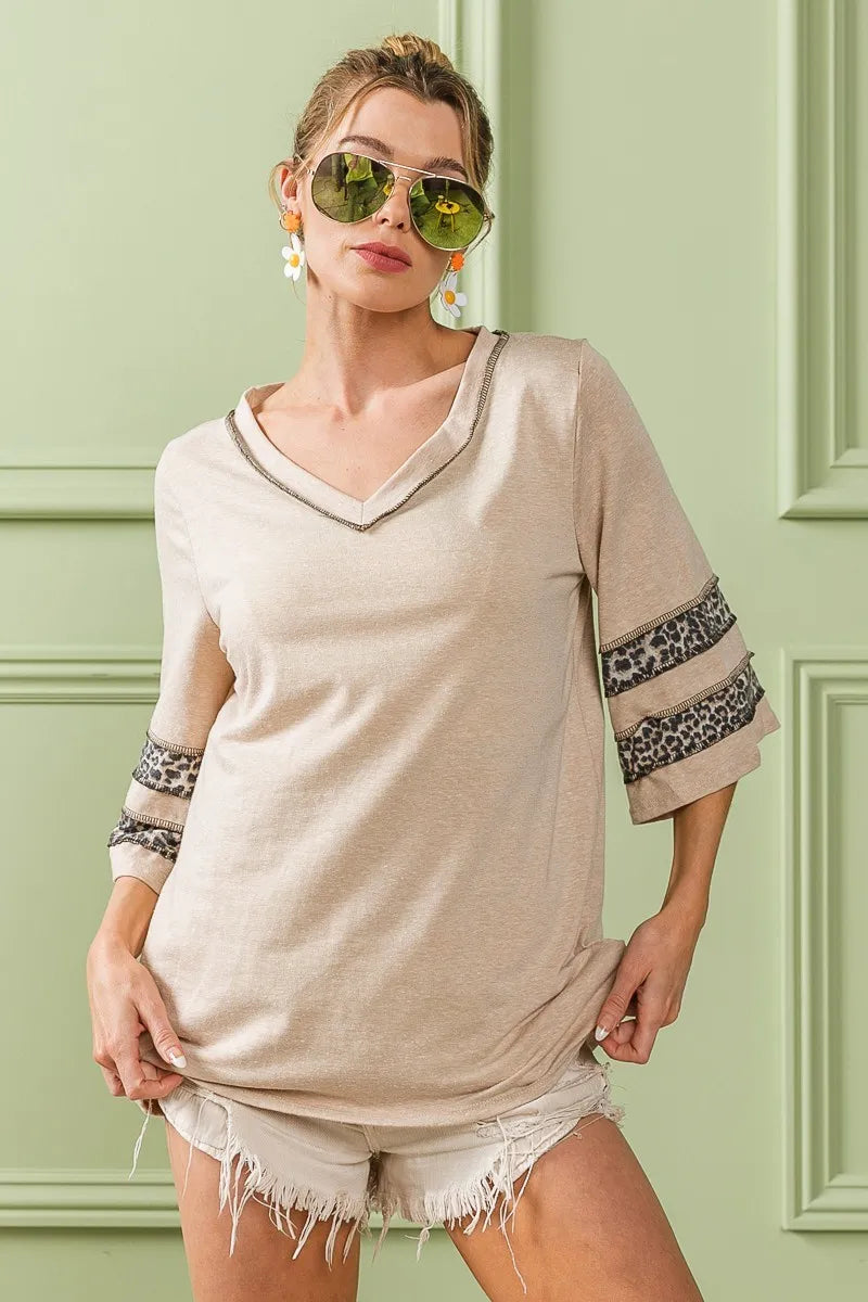 BiBi Triblend Knit Top with Leopard Band Detail - NeoKira Unlimited