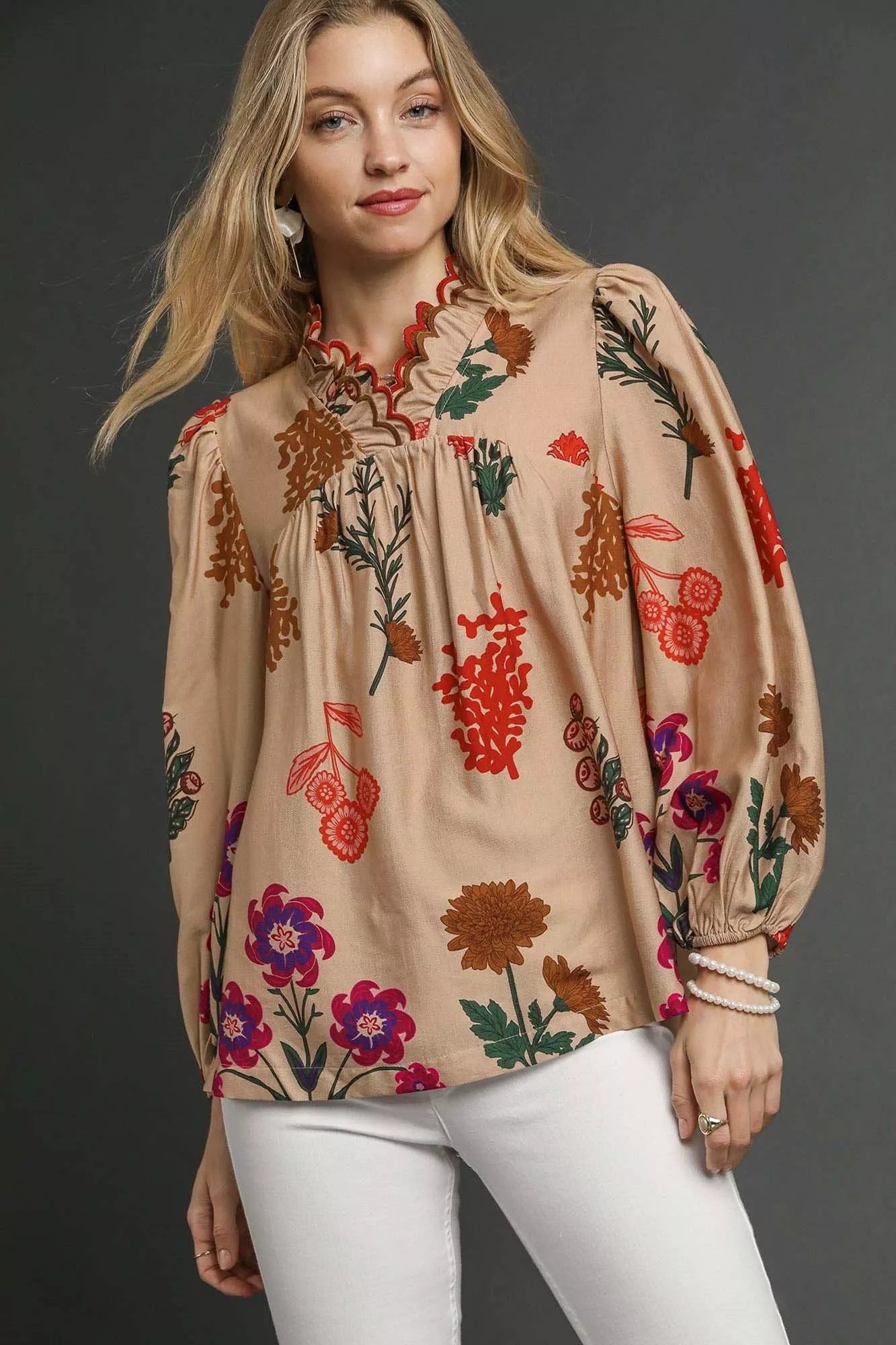 Umgee Flower Print Blouse with Scalloped Neckline Boho Chic - NeoKira Unlimited