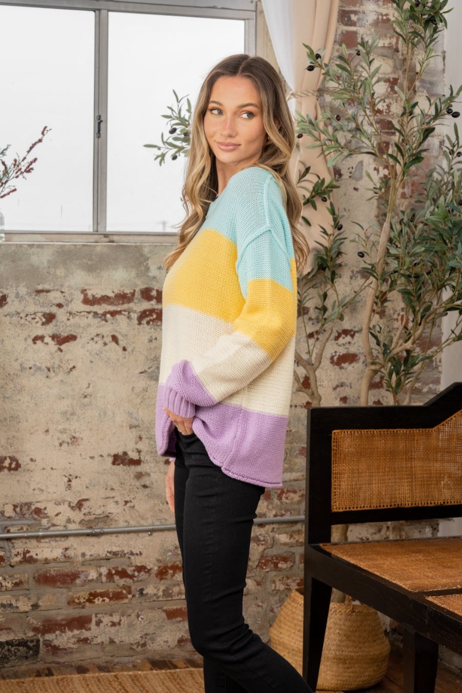 Sew In Love Full Size Color Block Exposed Seam Sweater - NeoKira Unlimited