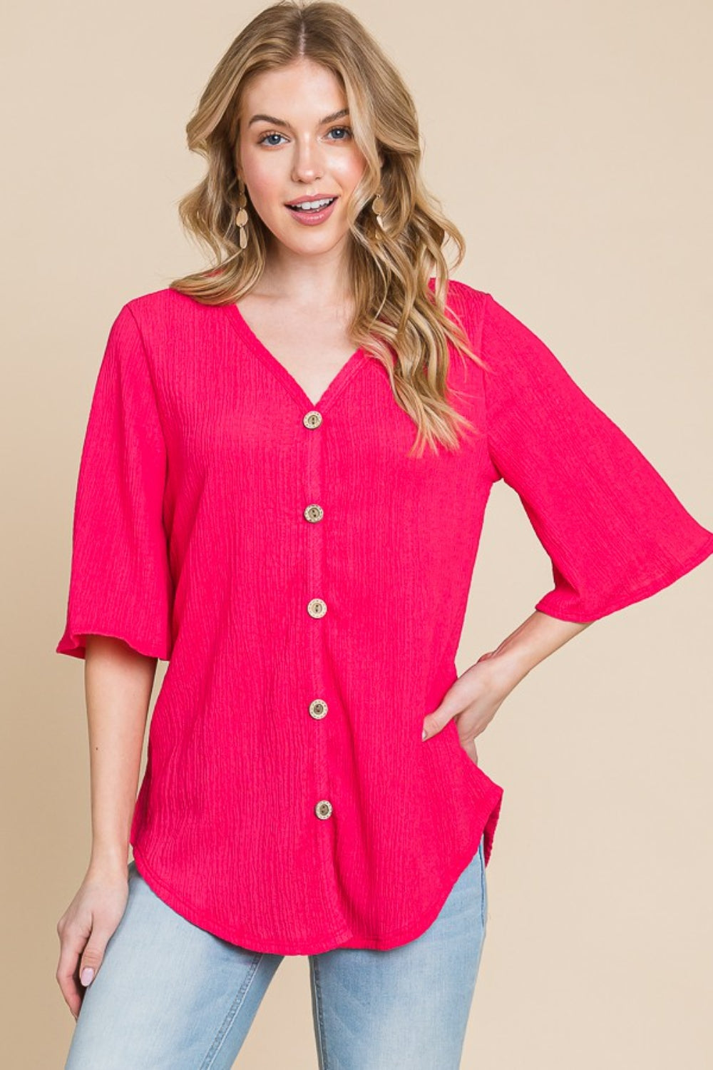 BOMBOM Texture Decorative Button V-Neck Top Top Trendsi   