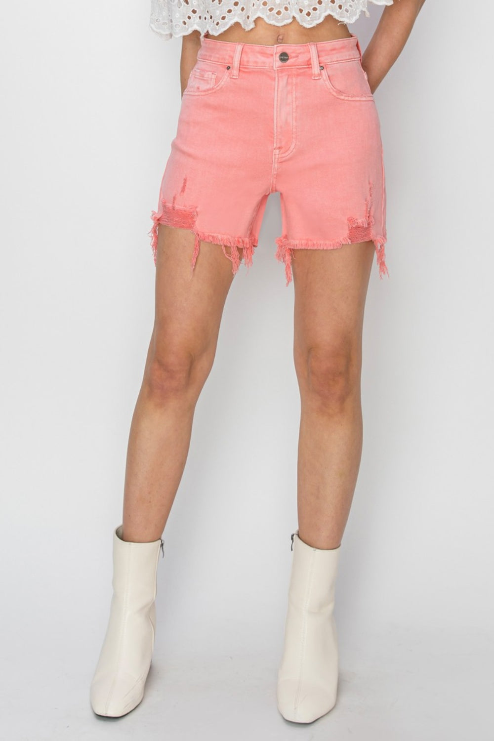 RISEN High Rise Distressed Denim Shorts - NeoKira Unlimited