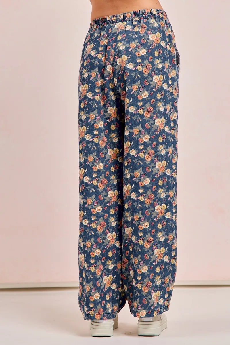 BiBi Washed Floral Print Wide Leg Jeans Vintage Boho Denim - NeoKira Unlimited