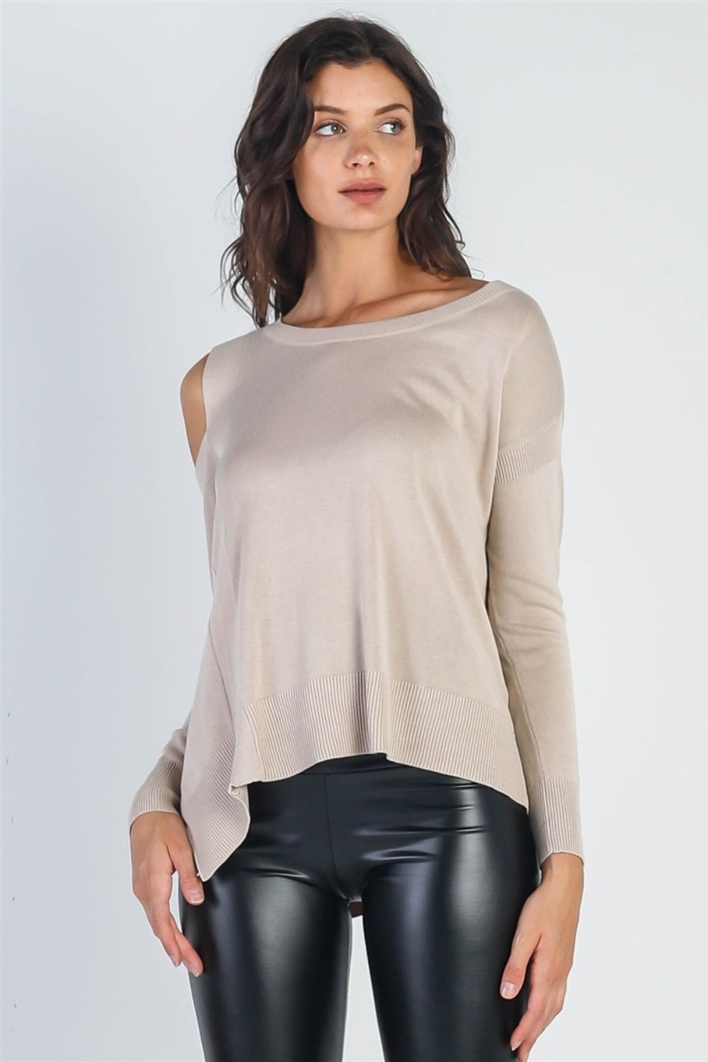 UNIQ Cold Shoulder Long Sleeve Knit Top Top Trendsi Beige S 