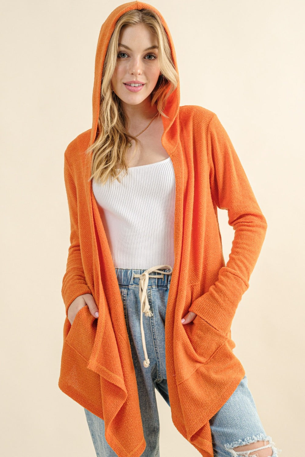 And The Why Full Size Thermal Hooded Open Front Cardigan with Pockets - NeoKira Unlimited