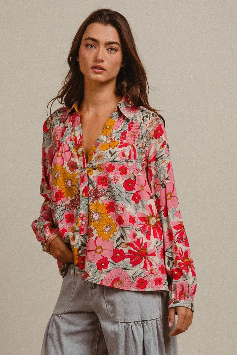 BiBi Tropical Floral Button-Up Blouse Vibrant Long Sleeve Relaxed Fit Top - NeoKira Unlimited