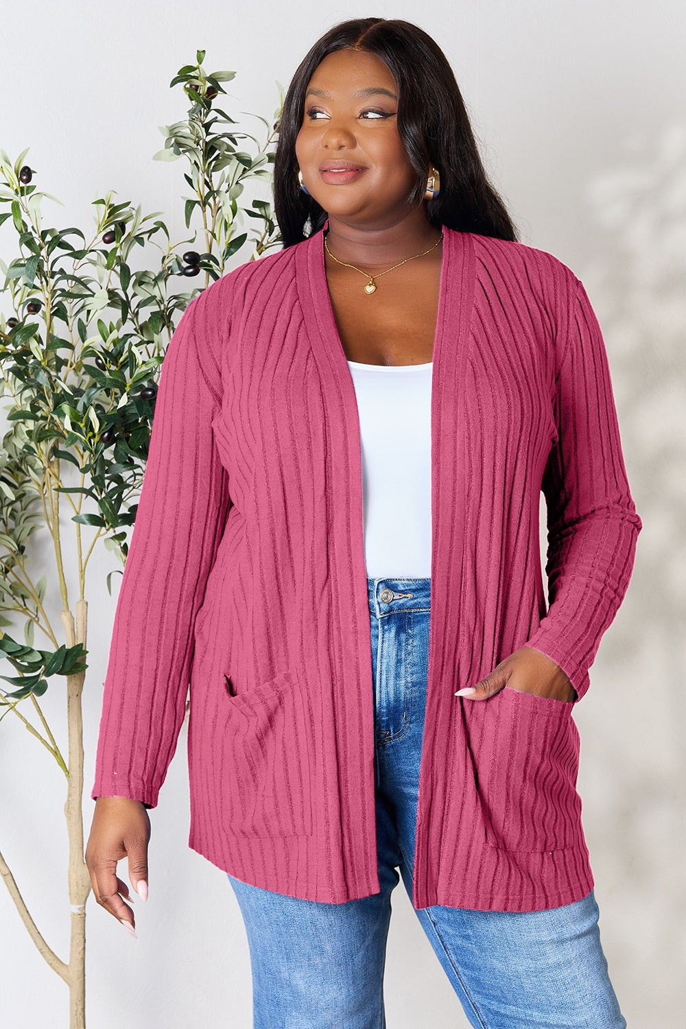 Basic Bae Full Size Ribbed Open Front Cardigan with Pockets Cardigan Trendsi Fuchsia Pink 2XL 