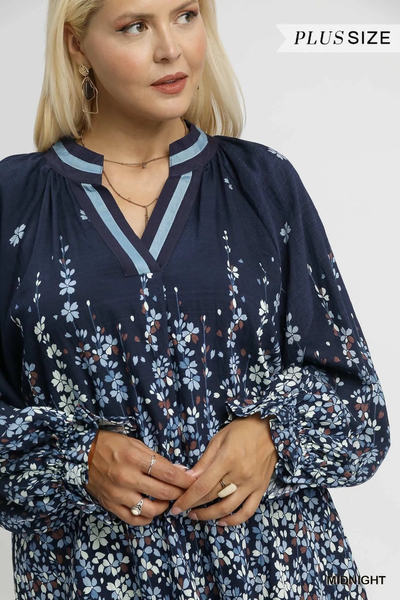 Umgee Floral Vine Print Blouse with Balloon Sleeves – Plus Size Boho Chic - NeoKira Unlimited