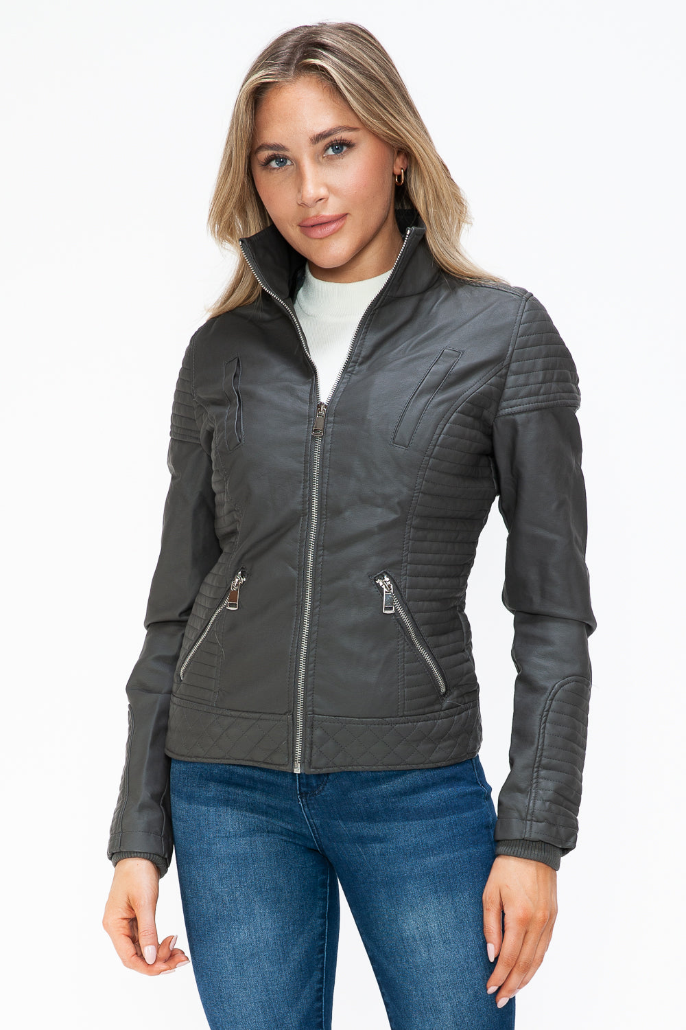 YMI Faux Layered Double-Zipper Jacket with Fuzzy Hood - NeoKira Unlimited