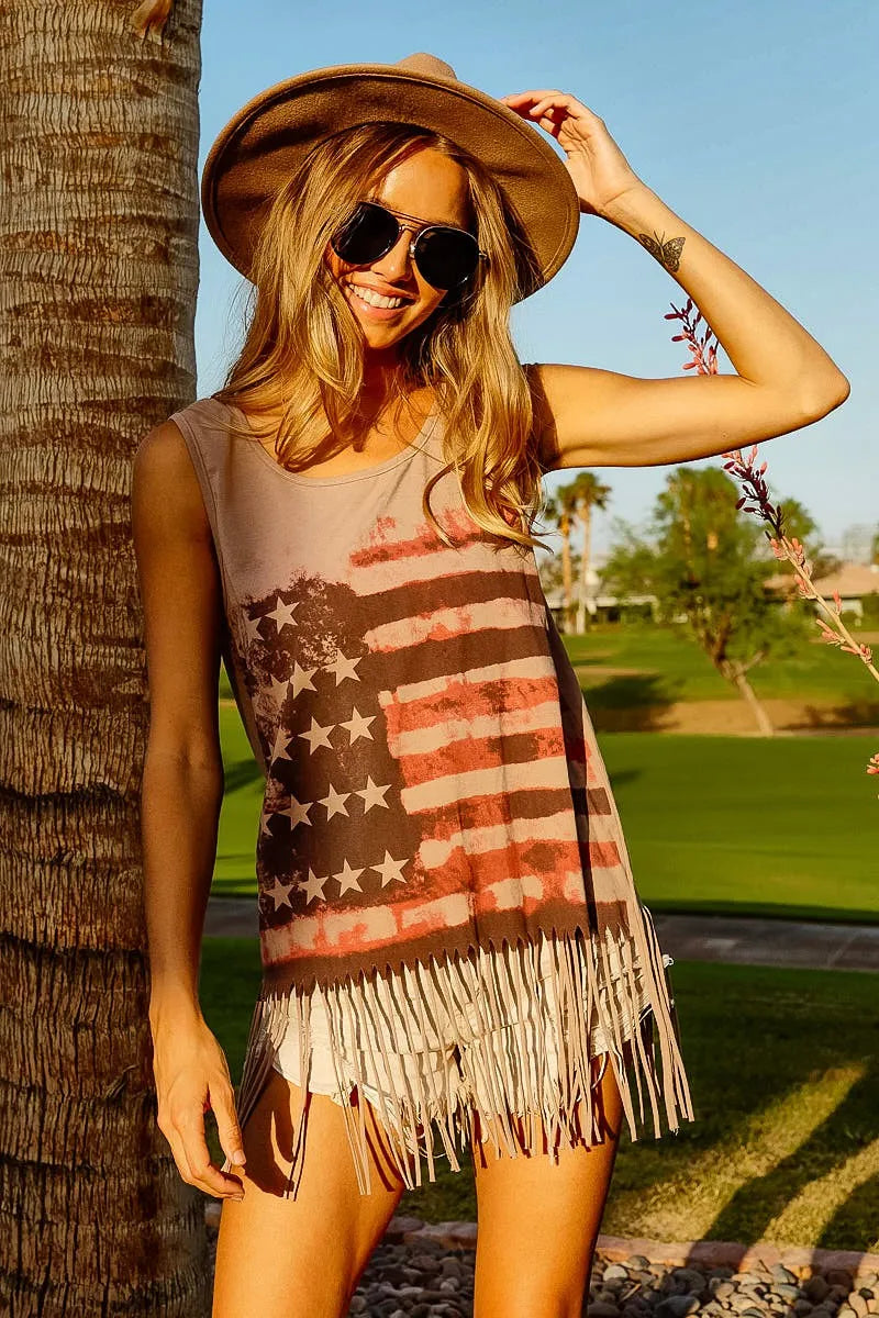BiBi Distressed Flag Fringe Tank Top – Boho Americana Vibes - NeoKira Unlimited