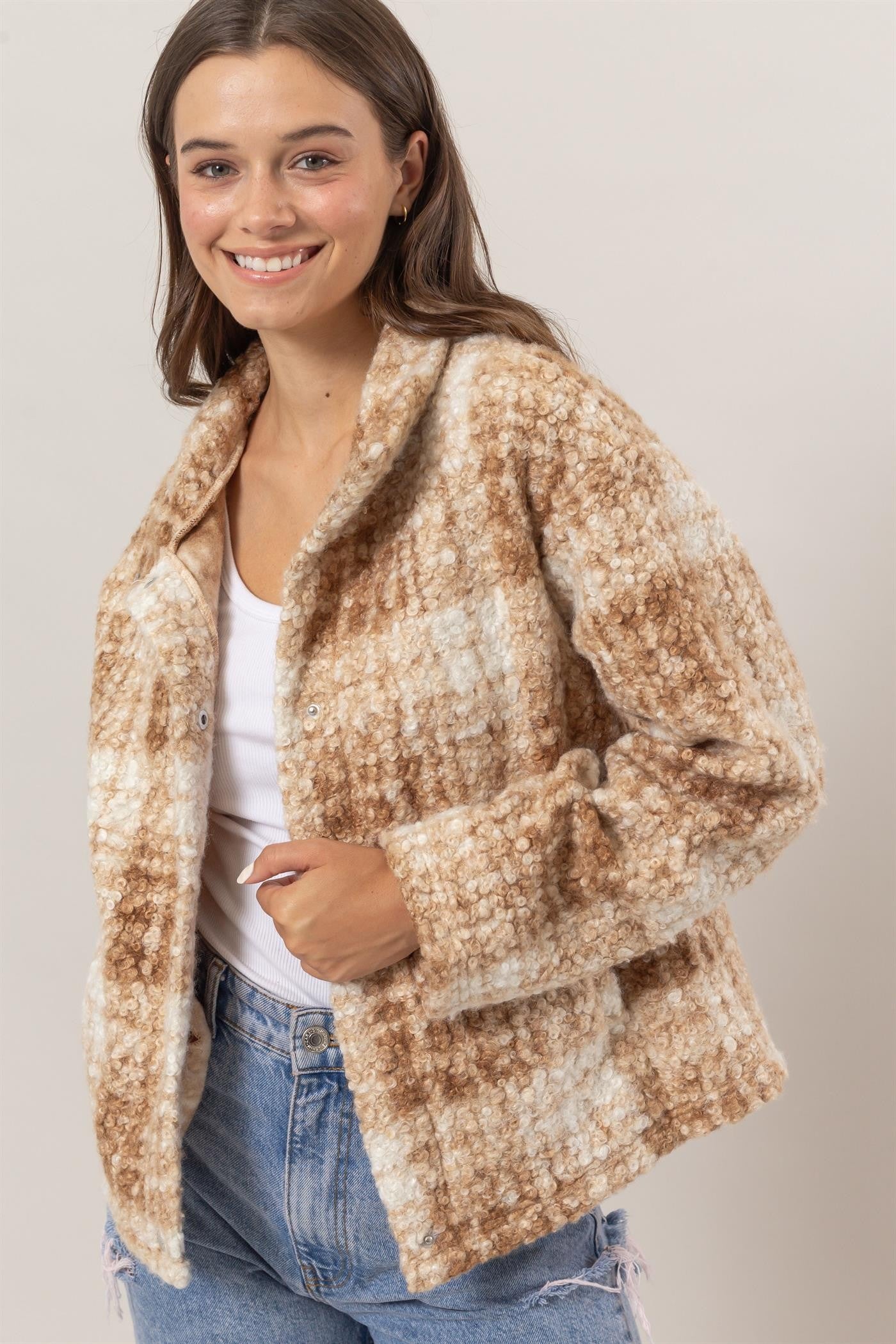 HYFVE Plaid Collared Neck Boucle Jacket with Pockets - NeoKira Unlimited