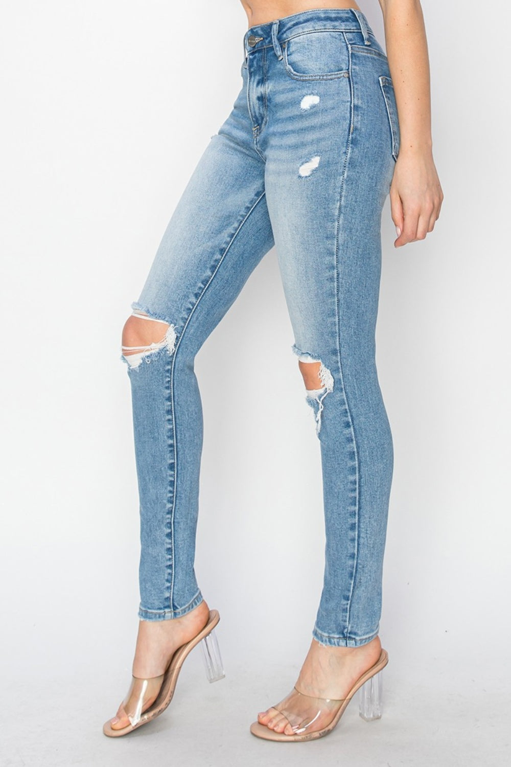 Risen Full Size High Rise Knee Distressed Skinny Jeans Jeans Trendsi   