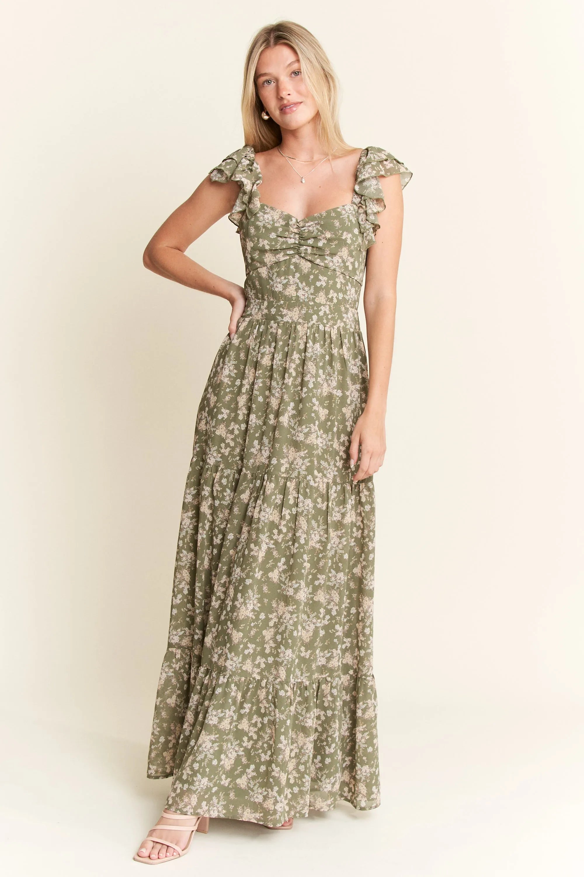 Jade By Jane Sage Green Floral Smocked Tiered Ruffle Sleeves Maxi Dress - NeoKira Unlimited