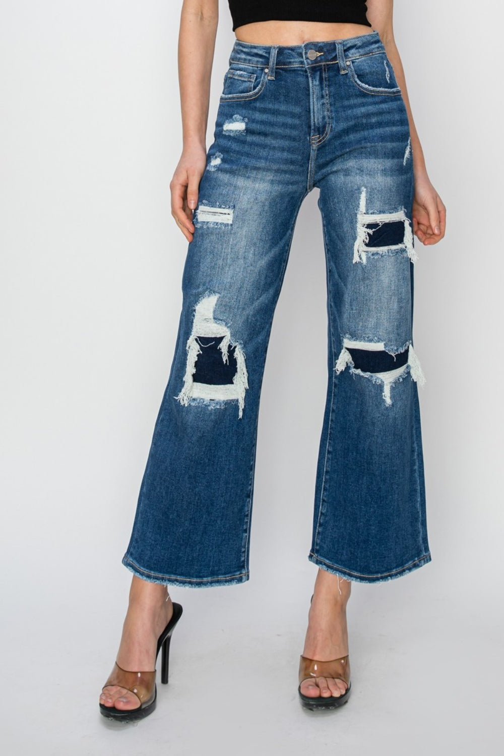 Risen Full Size High Rise Patch Detailed Wide Leg Crop Jeans - NeoKira Unlimited