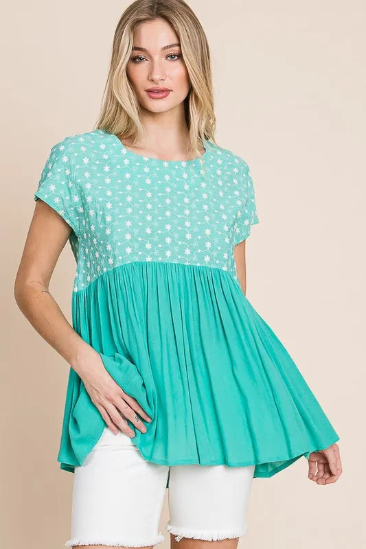 Lime 'N' Chili Full Size Embroidered Short Sleeve Pleated Babydoll Top Plus Size - NeoKira Unlimited