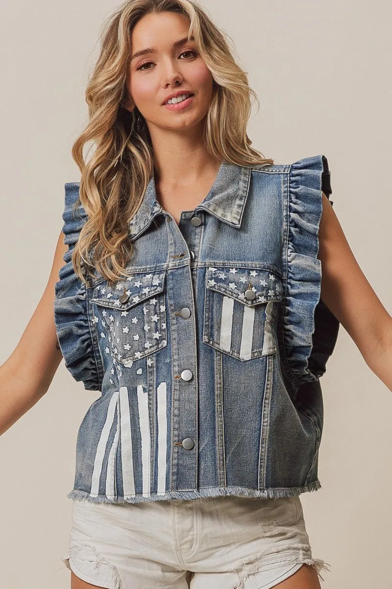 BiBi American Flag Washed Denim Jacket - NeoKira Unlimited