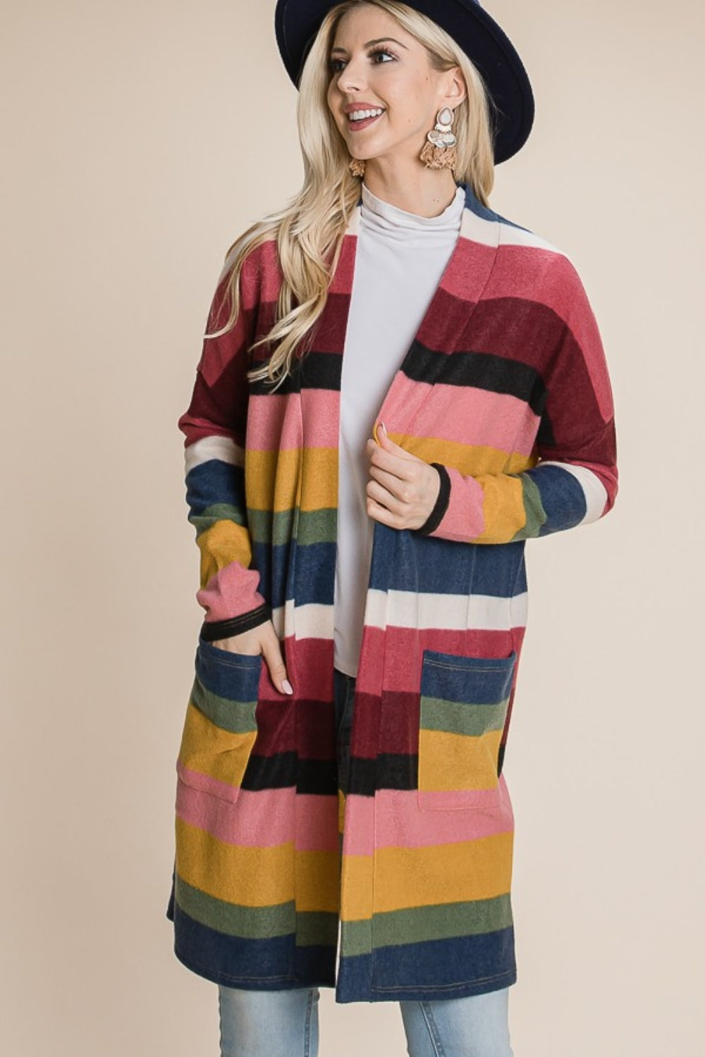 BOMBOM Color Block Striped Open Front Cardigan Cardigan Trendsi   