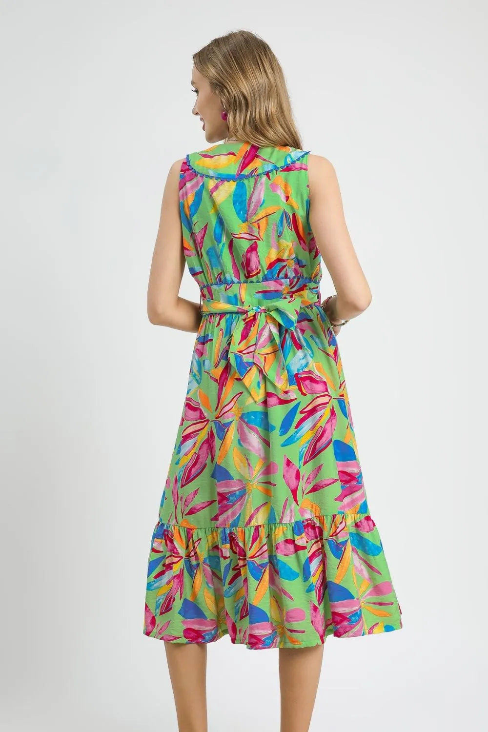 Umgee Tropical Paradise Ruffled Hem Printed Sleeveless Midi Dress - NeoKira Unlimited