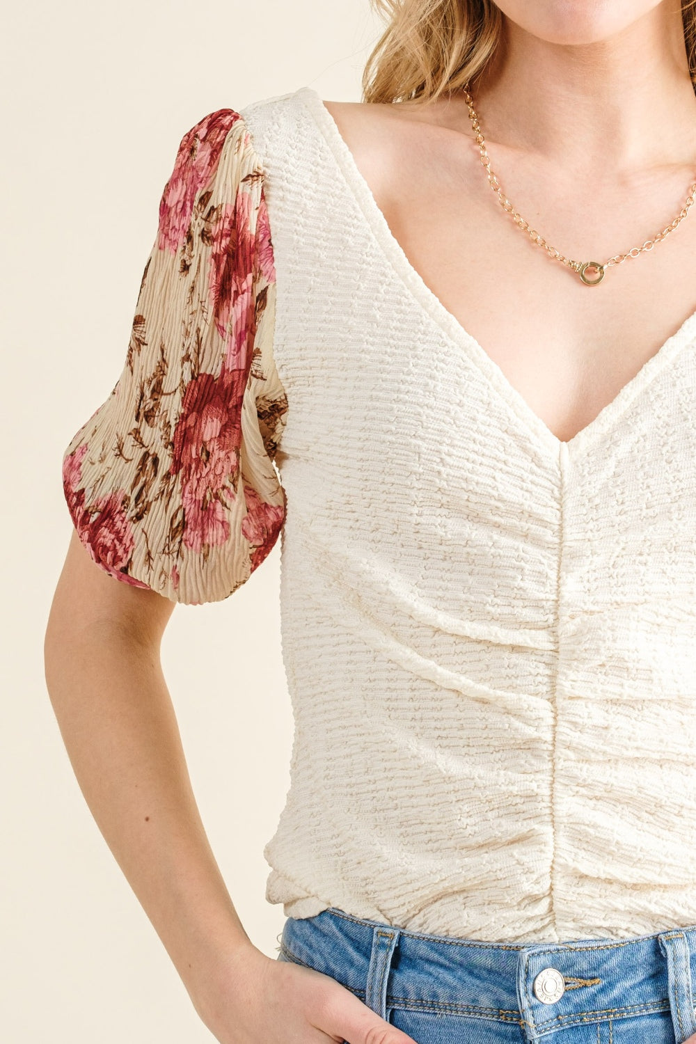 And The Why Full Size Floral Print Textured Sleeve Knit Top Top Trendsi   