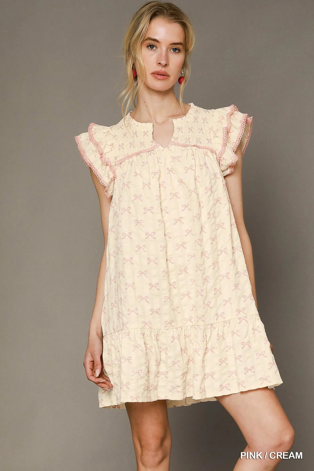 Umgee Cottagecore Cream Mini Dress With Bow Print Ruffled Sleeves - NeoKira Unlimited