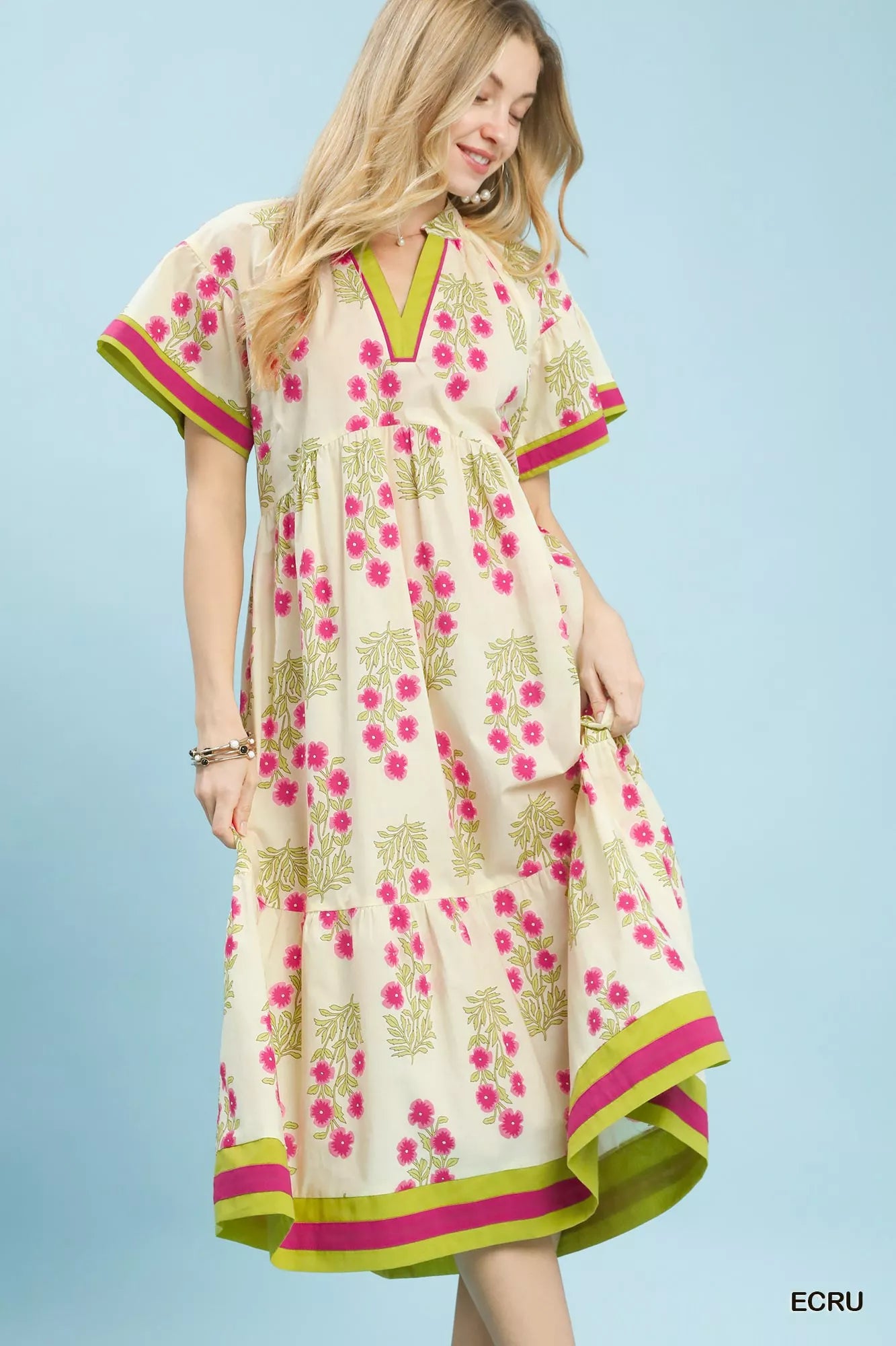 Umgee Floral Border Tiered Midi Dress Boho Chic - NeoKira Unlimited