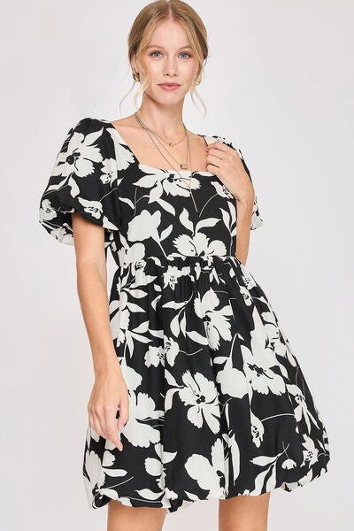 Umgee Full Size Two Tone Floral Print Babydoll Dress Plus Size - NeoKira Unlimited