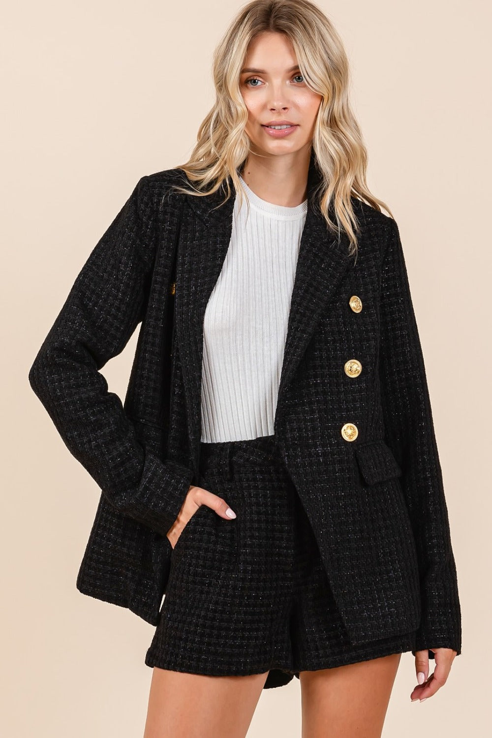 Mittoshop Plaid Texture Double-Breasted Long Sleeve Blazer - NeoKira Unlimited
