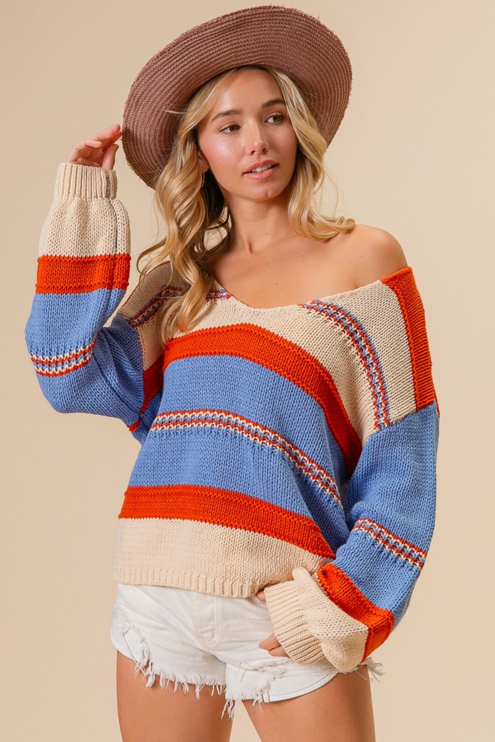 BiBi Multi Color Stripe Scoop Neck Sweater - NeoKira Unlimited