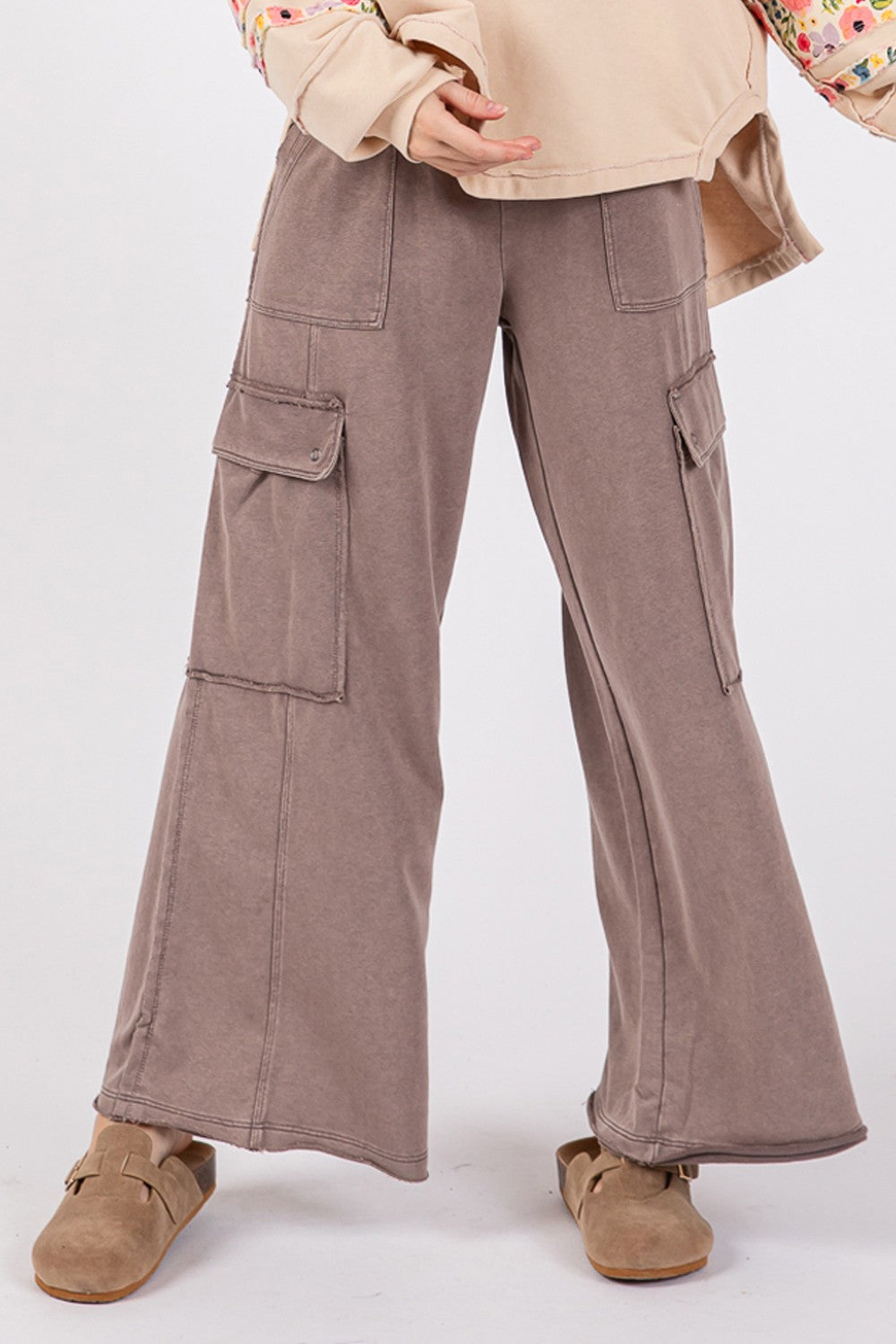 SAGE + FIG Knit Terry Mineral Wash Wide Leg Pants Pants Trendsi   