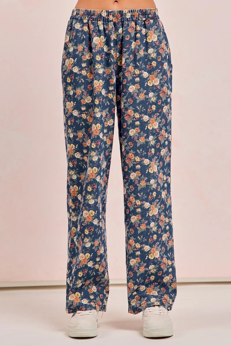 BiBi Washed Floral Print Wide Leg Jeans Vintage Boho Denim - NeoKira Unlimited